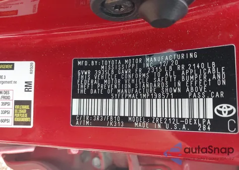 2021 Toyota Corolla Le из США, поврежденный, VIN 5YFEPMAE1MP198571